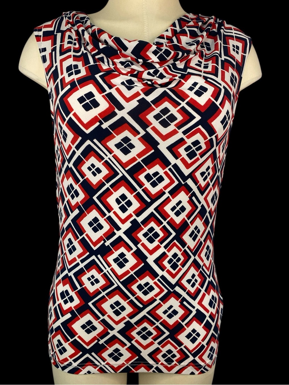 Chaps Sleeveless Geometric Cowl Neck Top - Red, Navy & White Women’s Large